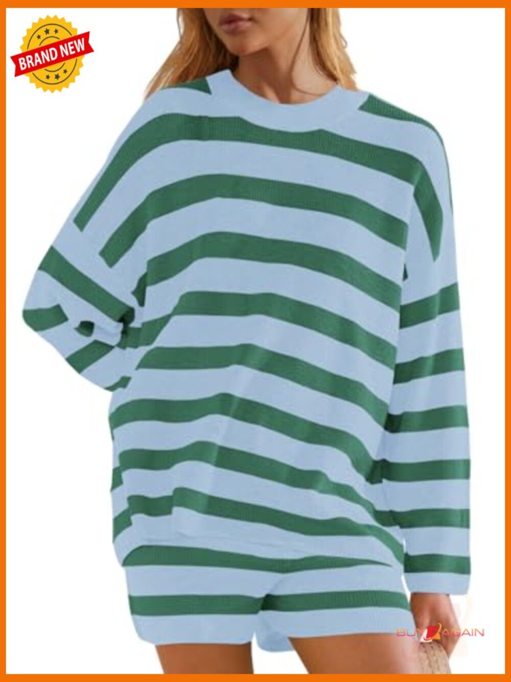 Oversized Striped Sweater Lounge Set Matching Pajama 2 Piece with Shorts - Picture 2 of 7